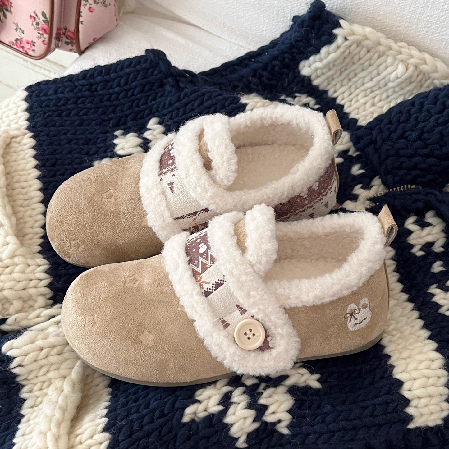 Bunny with Stars Print Fluffy Suede Slipper