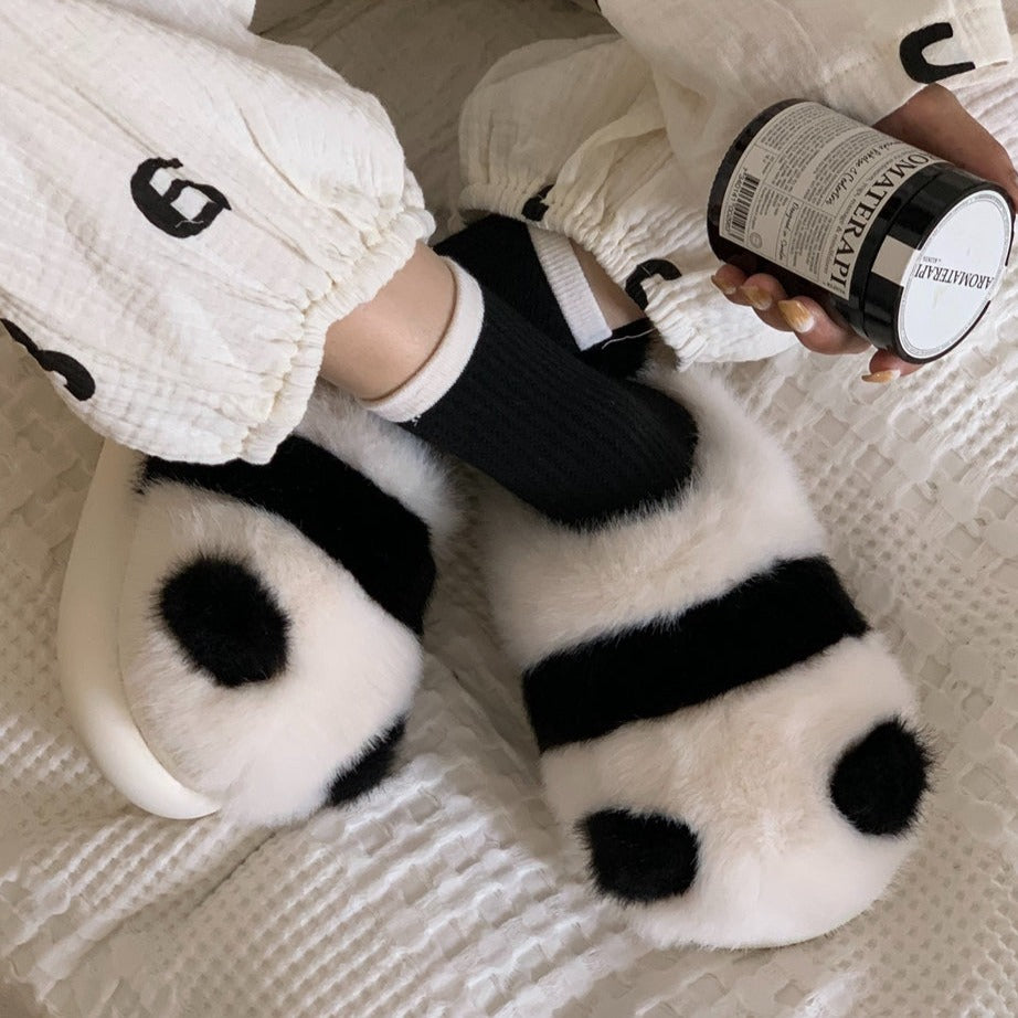 Black White Animal Panda Fluffy House Slippers
