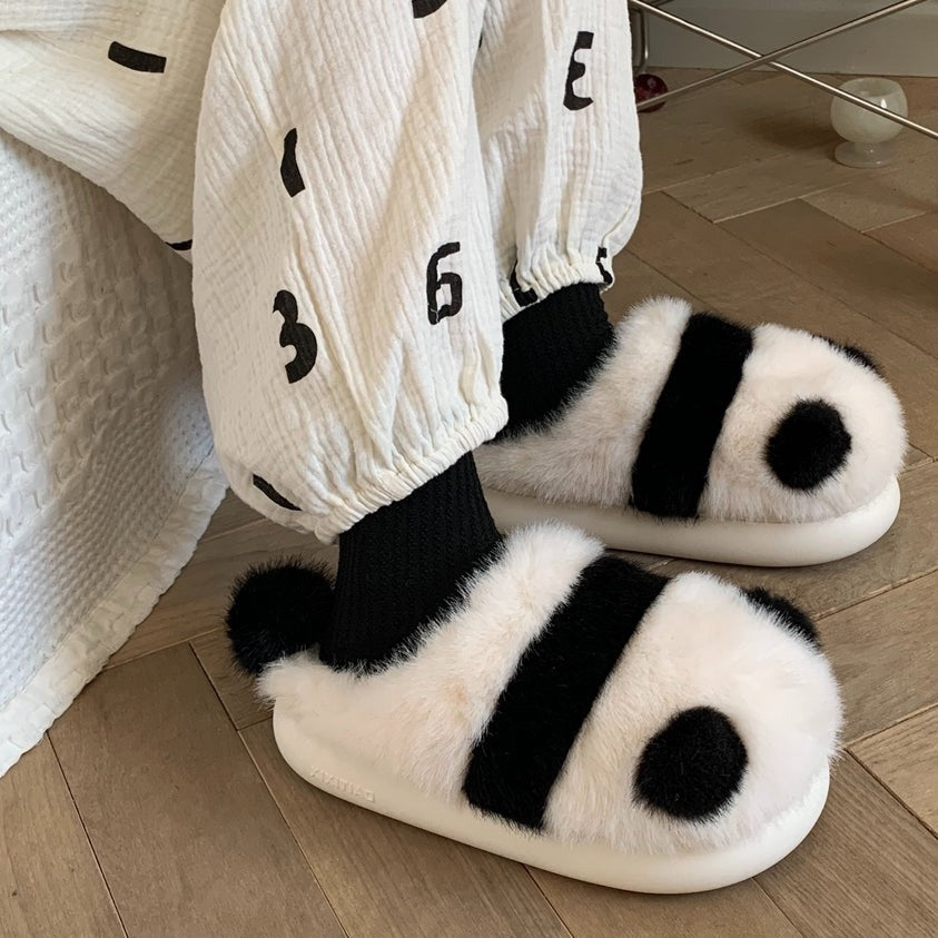 Black White Animal Panda Fluffy House Slippers