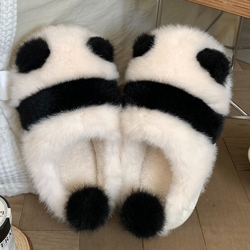 Black White Animal Panda Fluffy House Slippers