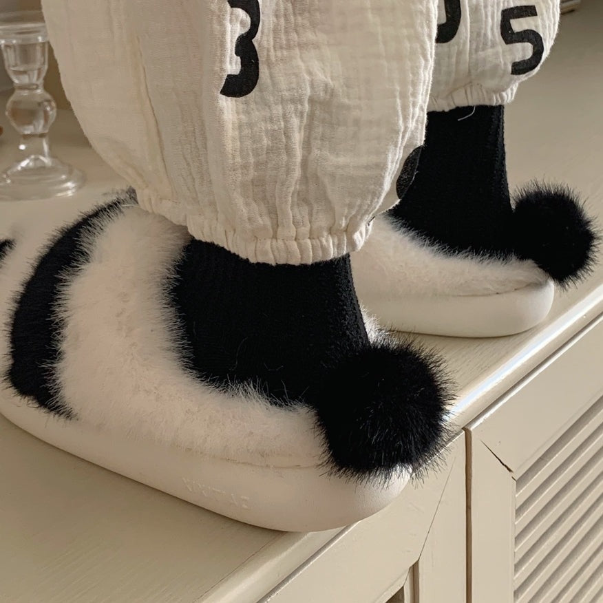 Black White Animal Panda Fluffy House Slippers