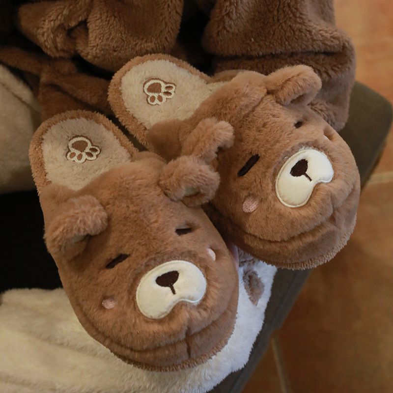 Sleeping Bear Face Fluffy House Slippers