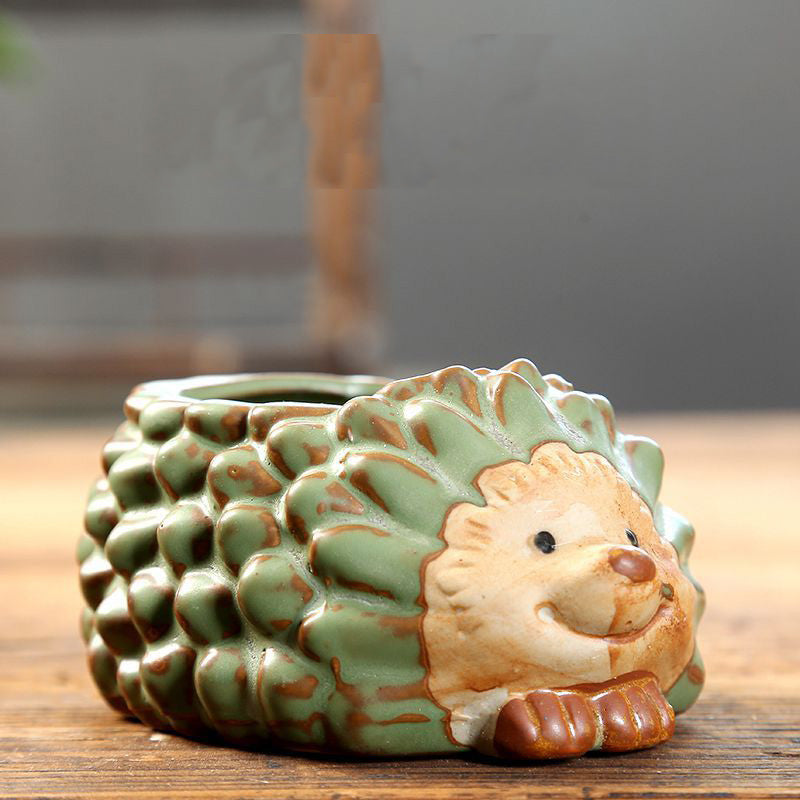 Vintage Green Cartoon Hedgehog Small Succulent Pots for Mini Cactus Planter