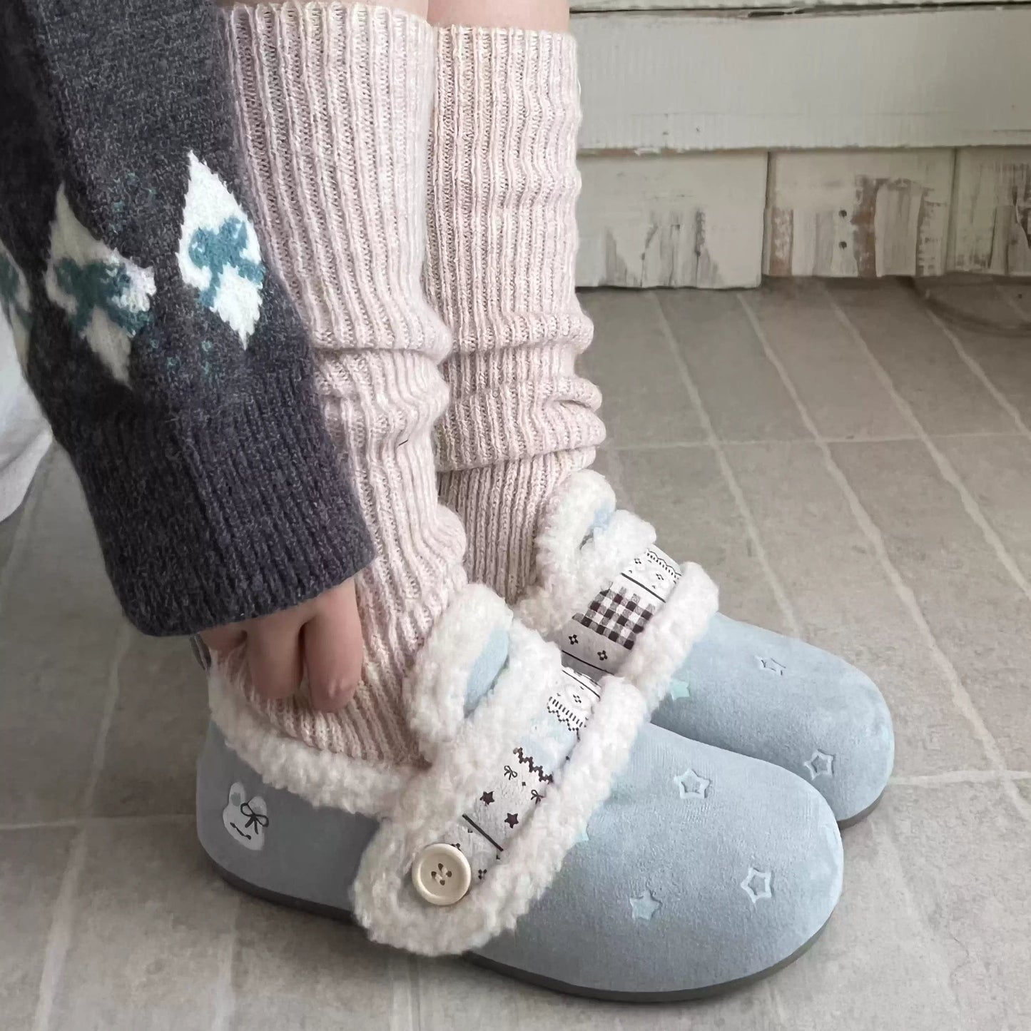 Bunny with Stars Print Fluffy Suede Slipper