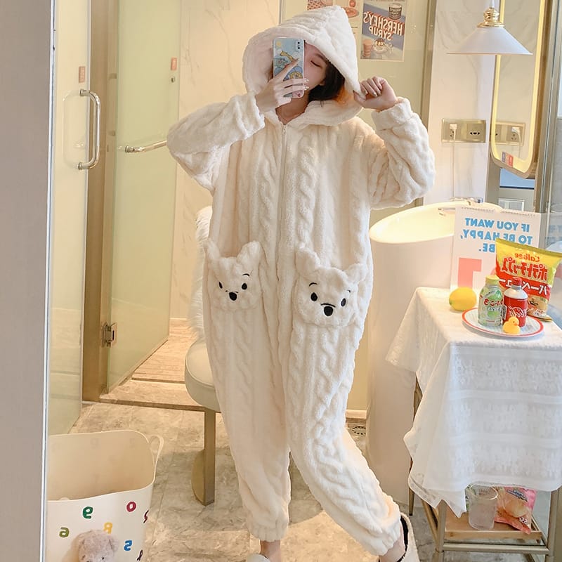 White - Fuzzy Bear Pocekt Girls Onesie