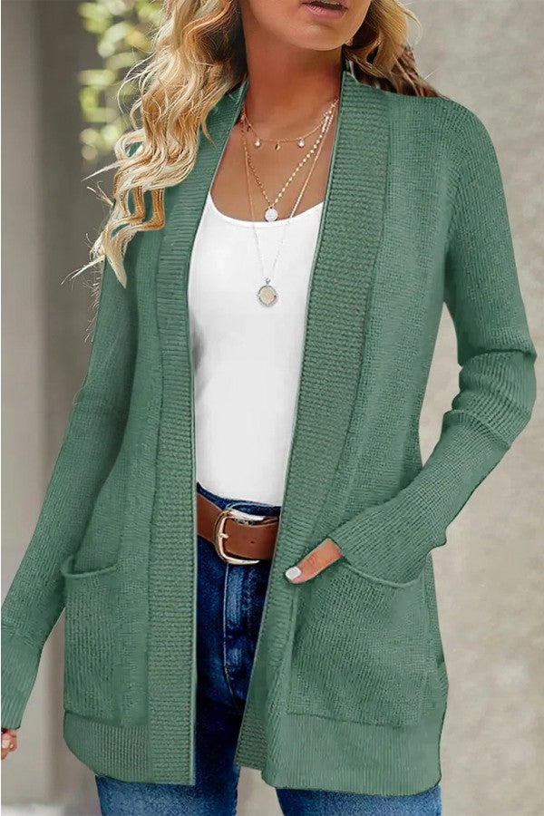 Green Long Knitted Open Front Cardigan