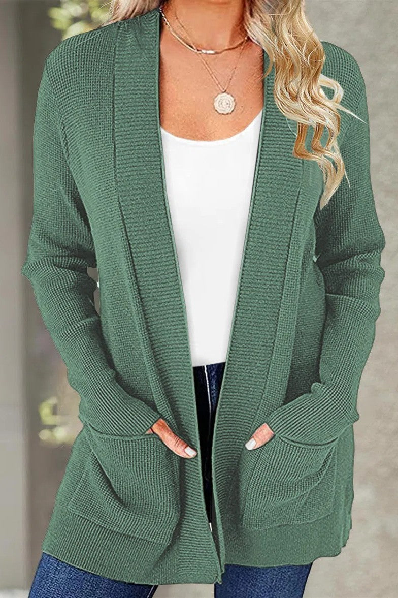 Green Long Knitted Open Front Cardigan