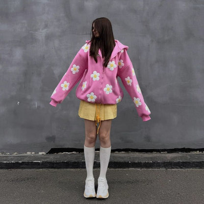 Pink Seamless Daisy Baggy Hoodie