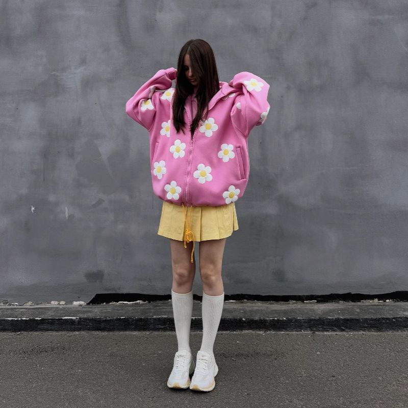 Pink Seamless Daisy Baggy Hoodie