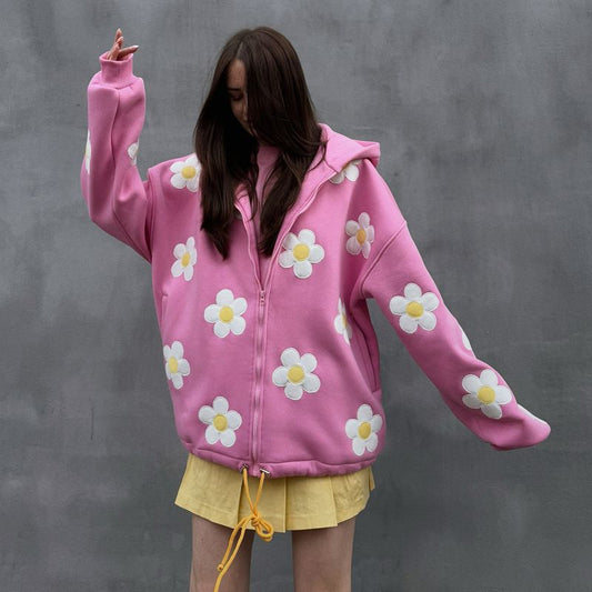 Pink Seamless Daisy Baggy Hoodie