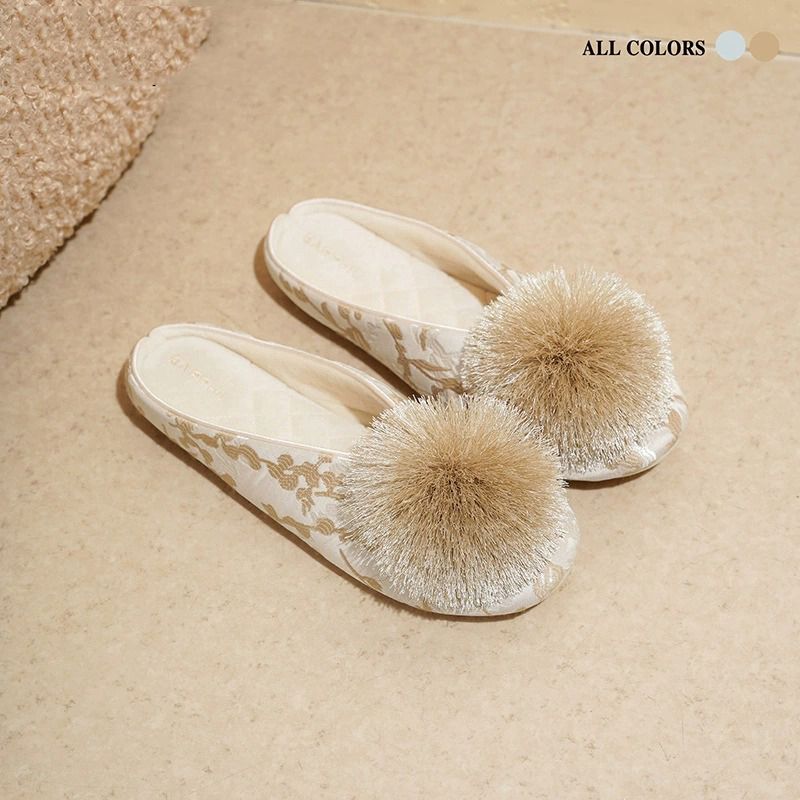 Pom Pom with Floral Embroidery Satin Ballet Flats Slipper