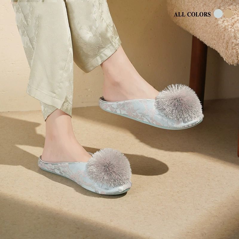 Pom Pom with Floral Embroidery Satin Ballet Flats Slipper
