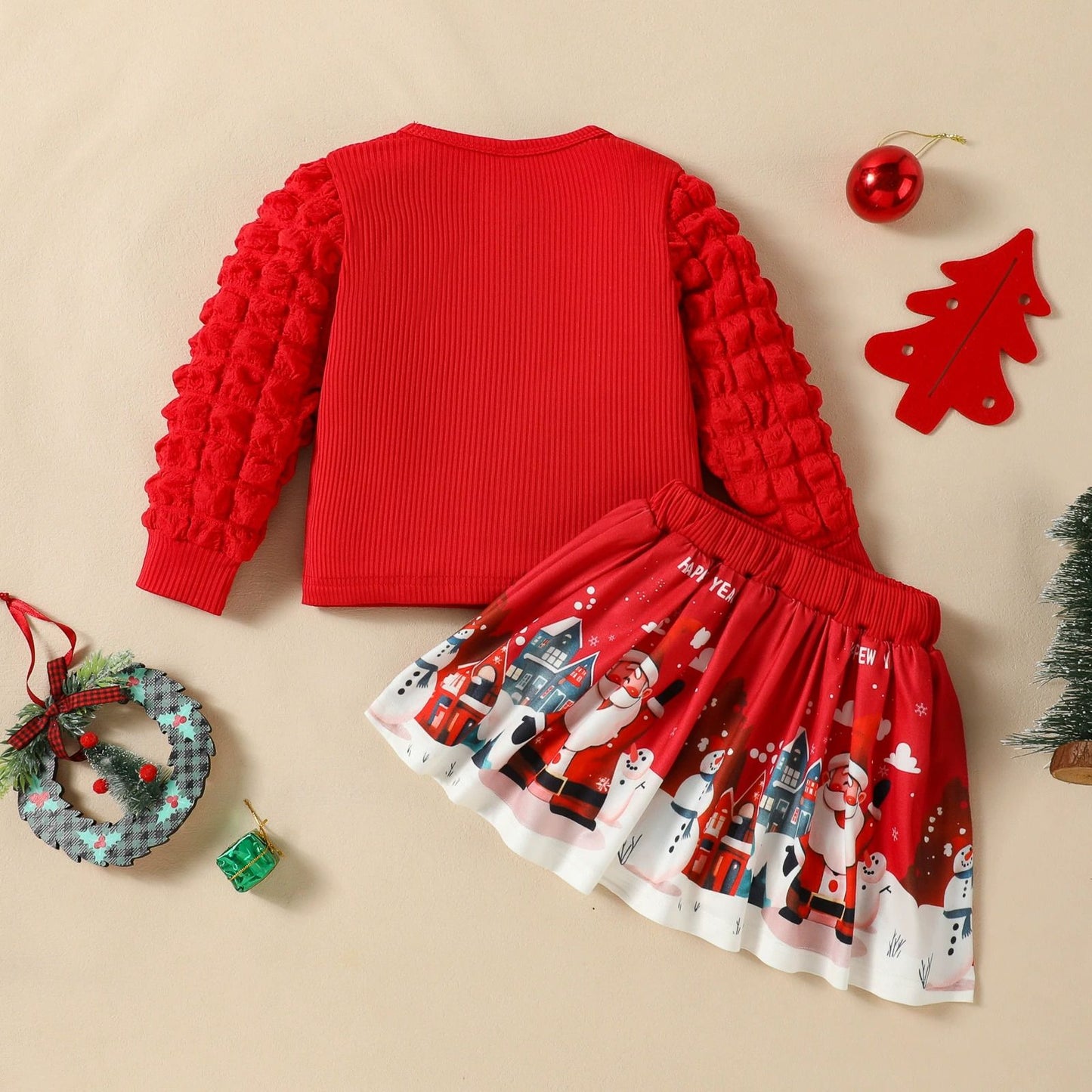 Red Christmas Puff Sleeve Skirt Baby Girl Romper
