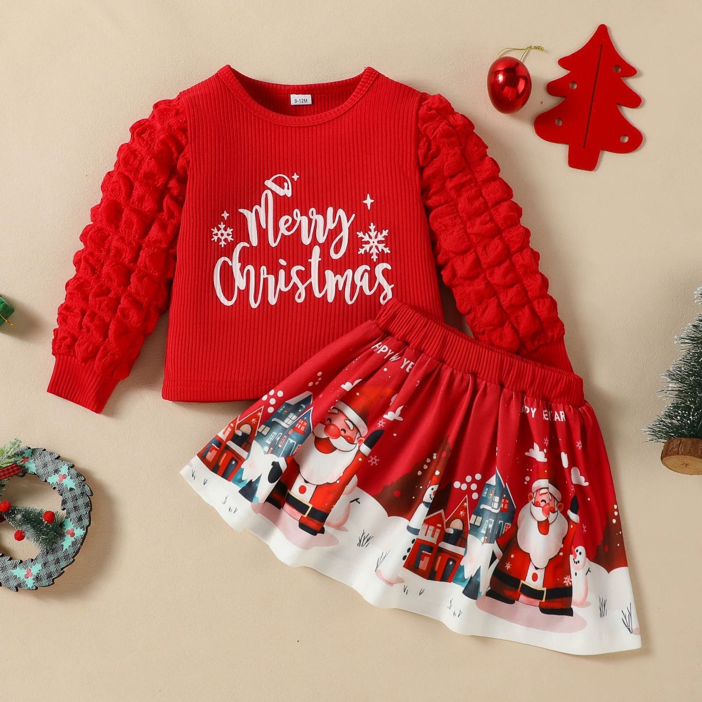 Red Christmas Puff Sleeve Skirt Baby Girl Romper