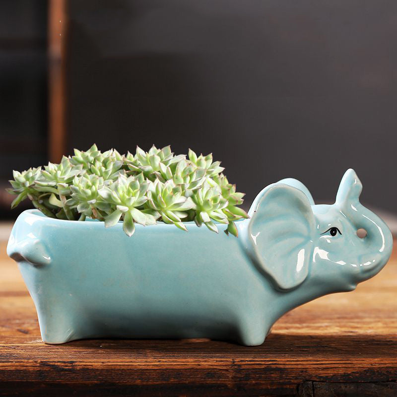 Elephant Small Succulent Pots Long Body Cute Animal Ceramic Glaze Mini Cactus Planter