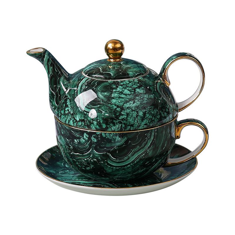 Green Marble Fluid Print Elegant Tea Pot and Cup Plate Set for One