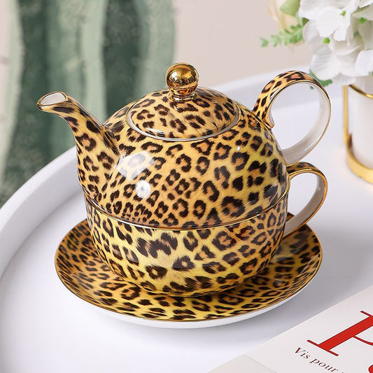 Leopard Print Animal Tea Pot and Cup Plate Set for One