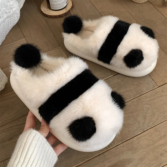 Black White Animal Panda Fluffy House Slippers