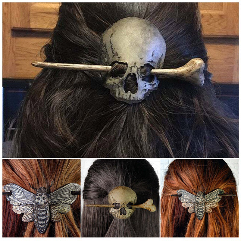 Gothic Skull/Moth Stick Slide Hair Pins