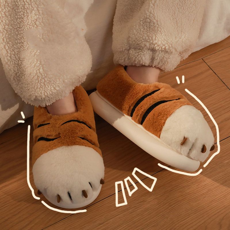 Fluffy Tiger Paw Slippers Fuzzy Brown White Comfy Winter Warm