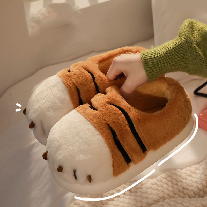 Fluffy Tiger Paw Slippers Fuzzy Brown White Comfy Winter Warm